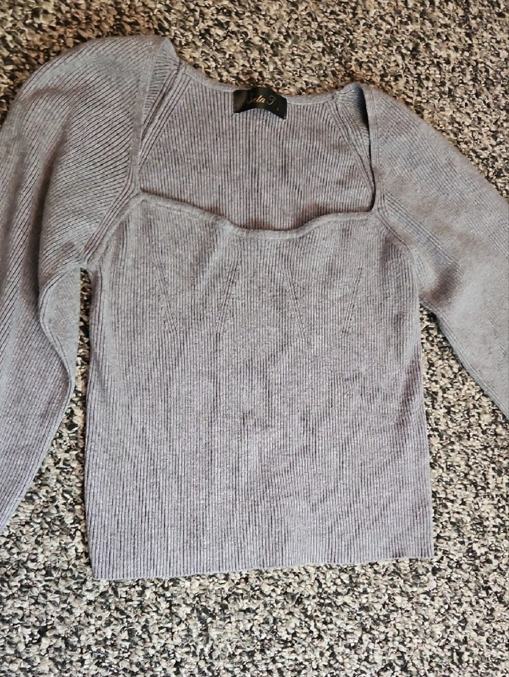 Women's Light Gray Square Neck Ribbed Sweater - Picture 3 of 5